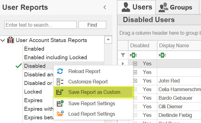 AD Reports save a report as custom