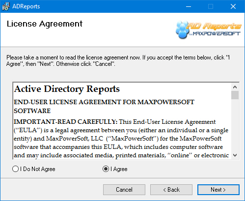 AD Reports Install License Agreement