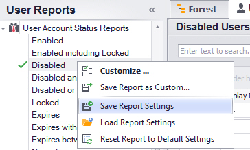 AD Reports select Save Report Settings