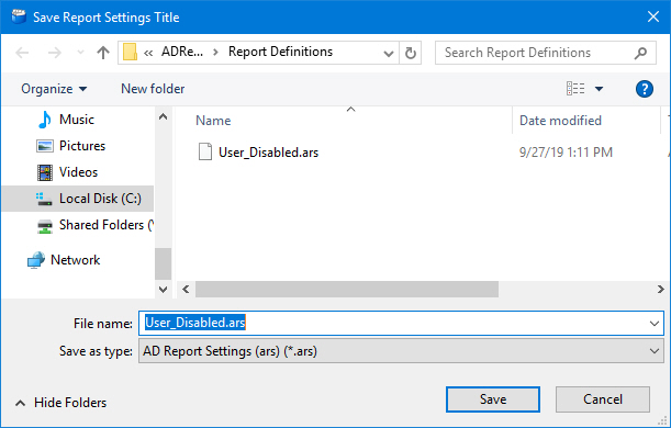AD Reports Save Report Settings File dialog