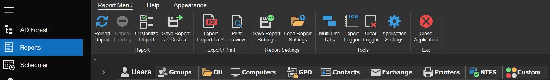 AD Reports select a report tab
