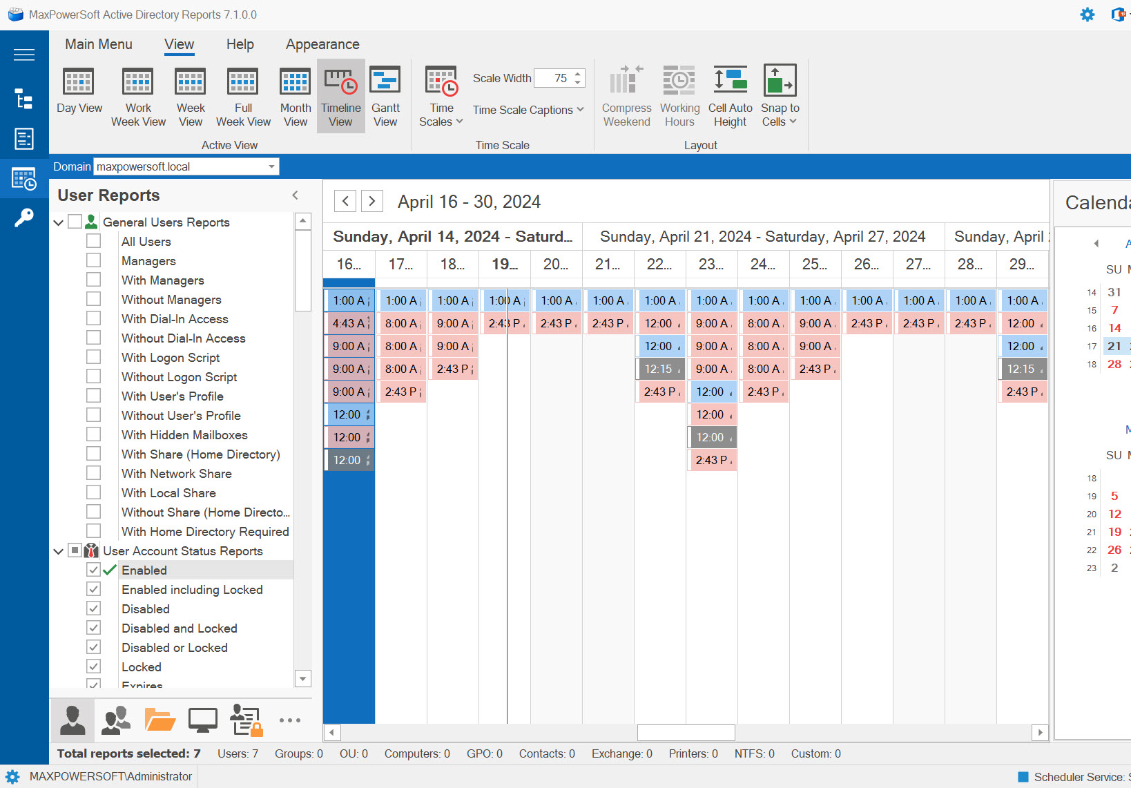 AD Reports Scheduler Timeline View