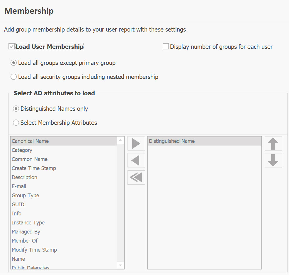 AD Reports membership settings attributes