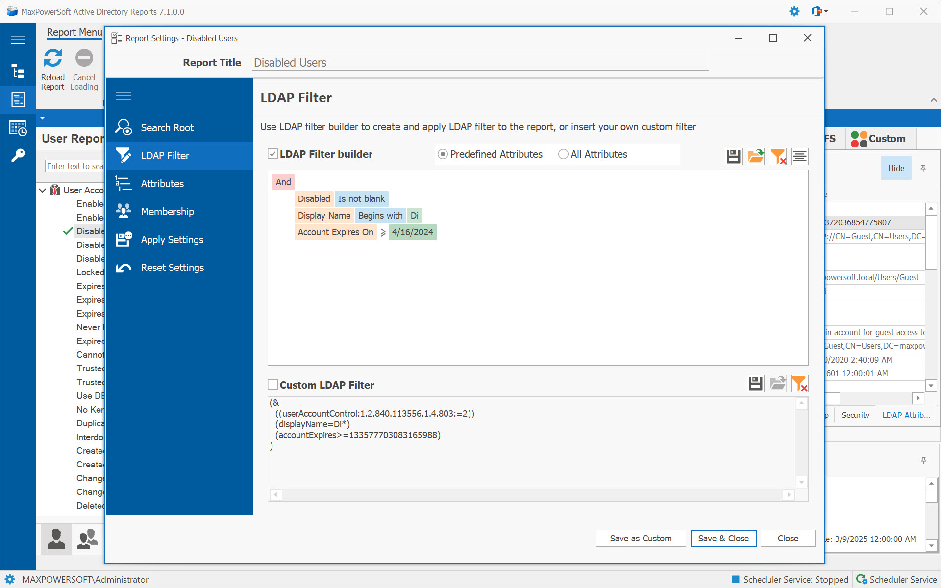 AD Reports LDAP Filter Builder