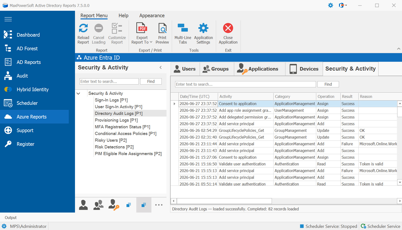 AD Reports Azure Security and Activity Reports