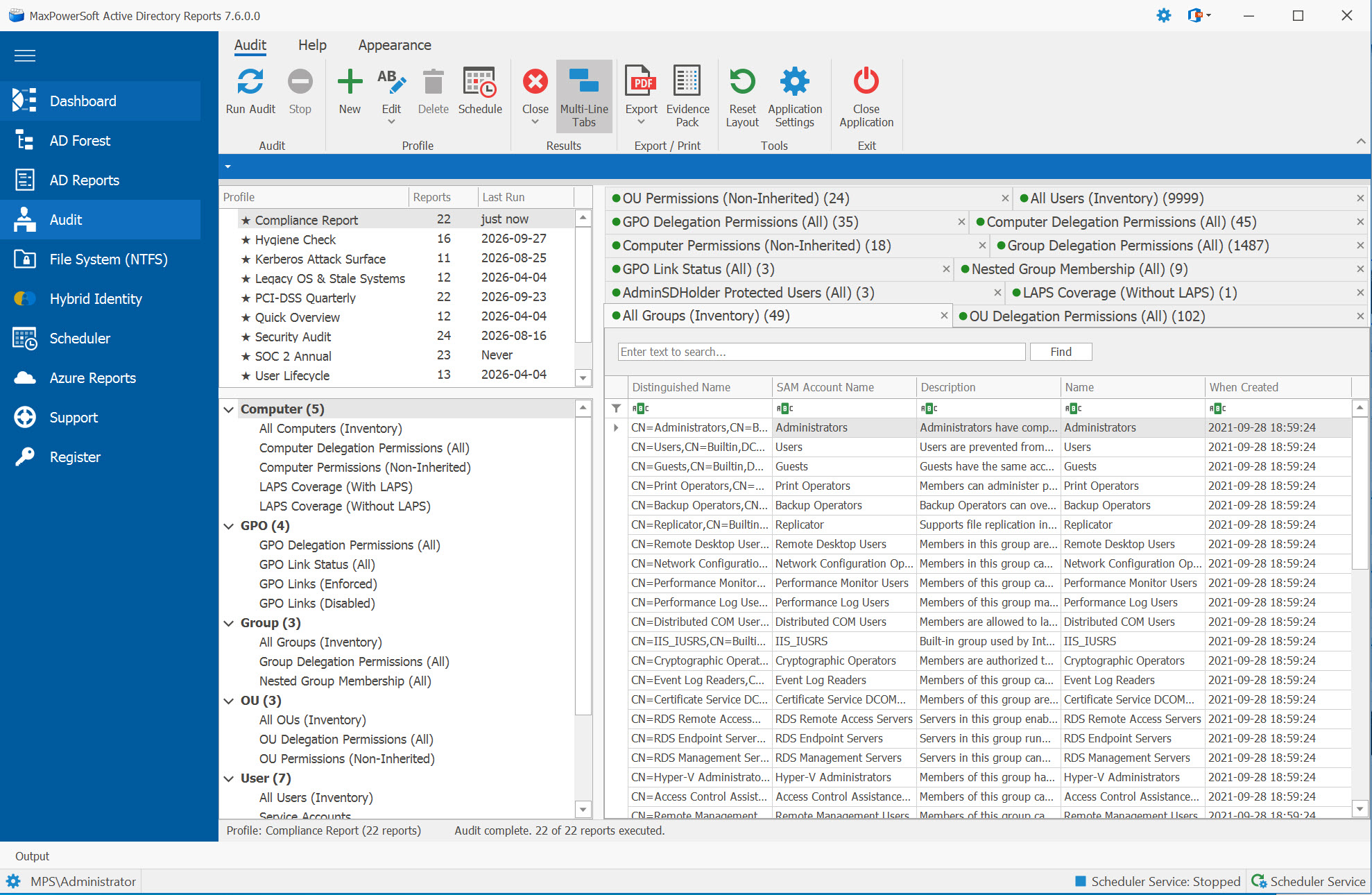 AD Reports Audit page with the nine built-in profiles and a finished audit