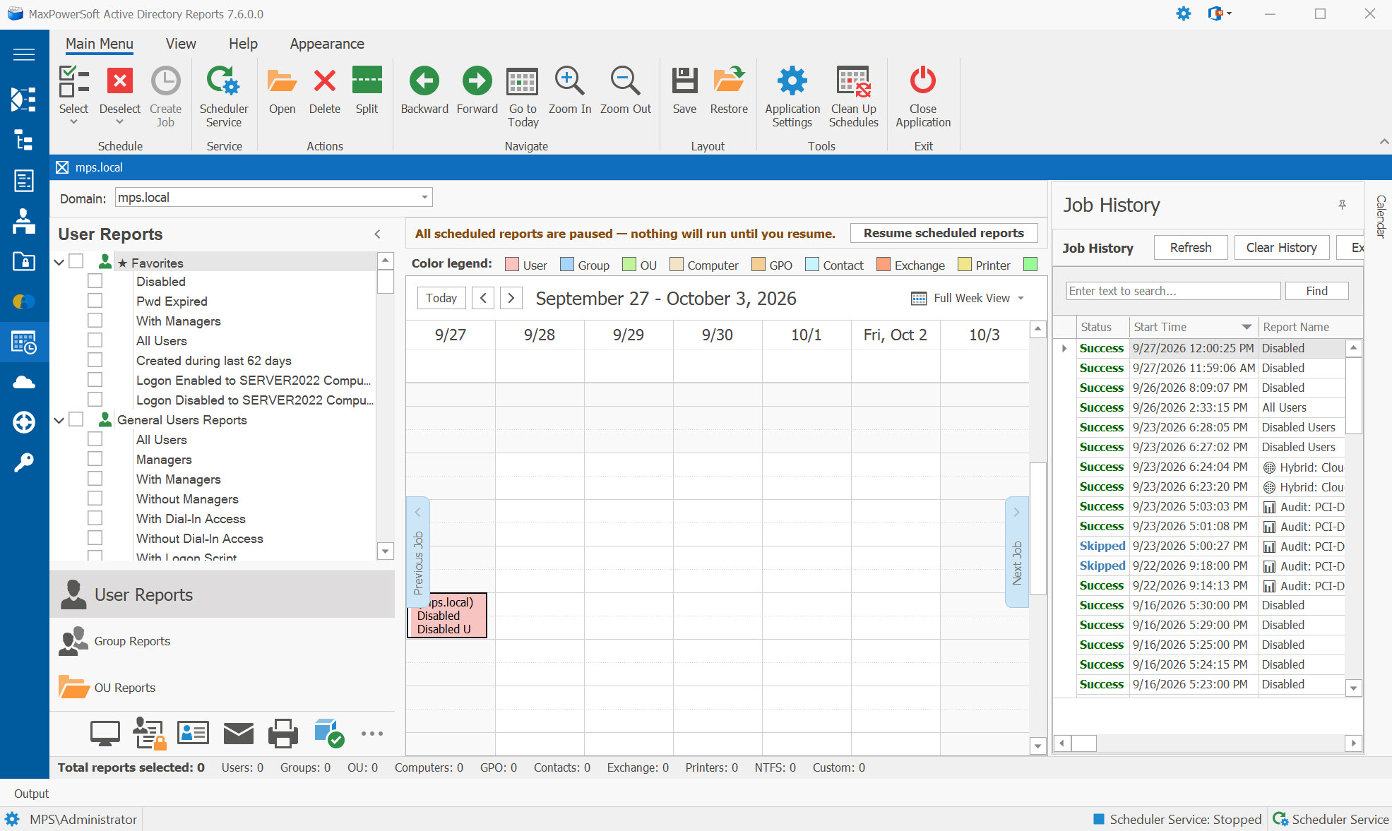 AD Reports Scheduler week view with Job History