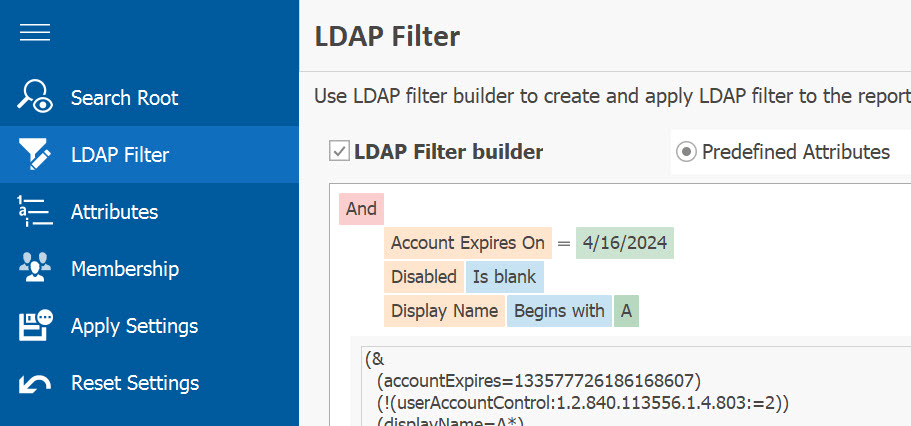 AD Reports reporting wizard (LDAP Filter Builder)