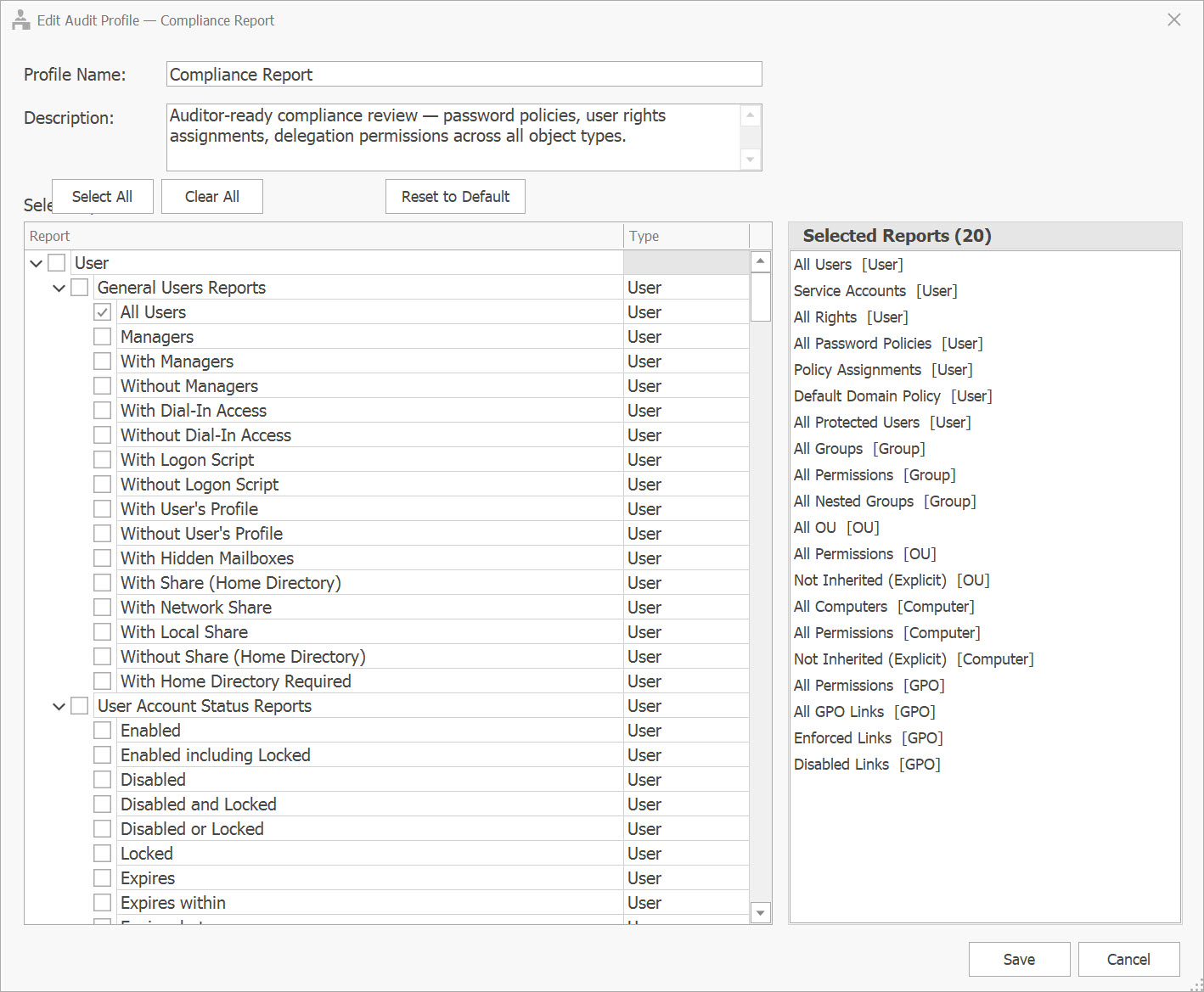 AD Reports Audit Profile Editor
