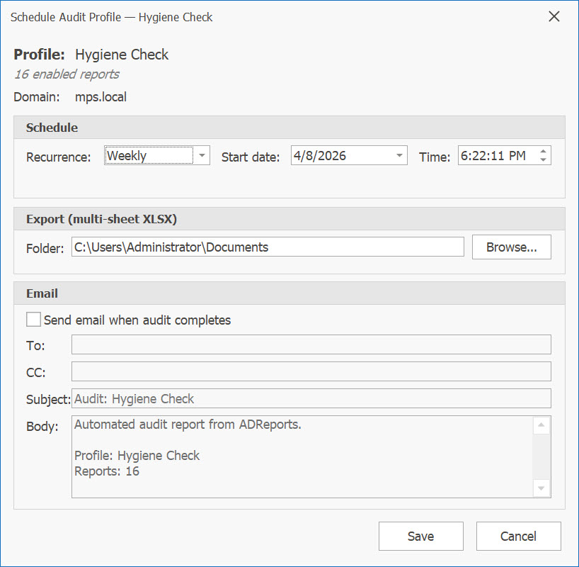 AD Reports Schedule Audit Profile dialog