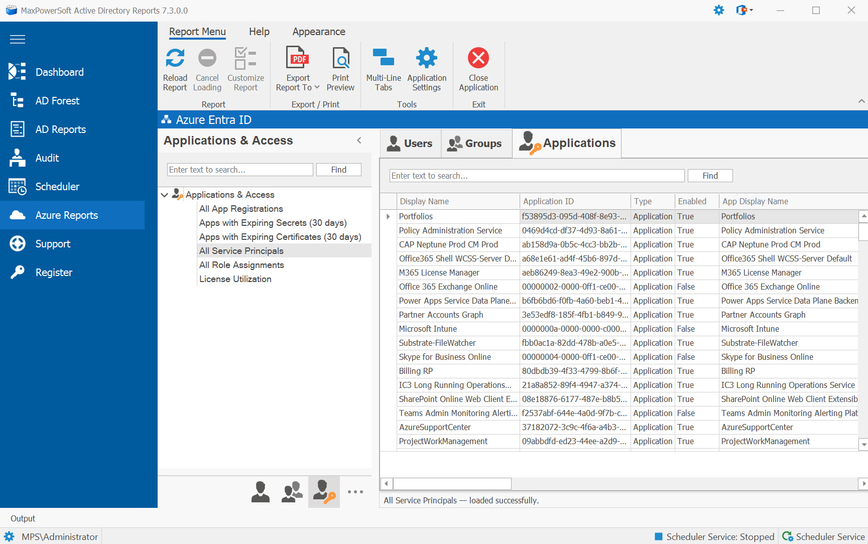 AD Reports Azure Applications and Access tab