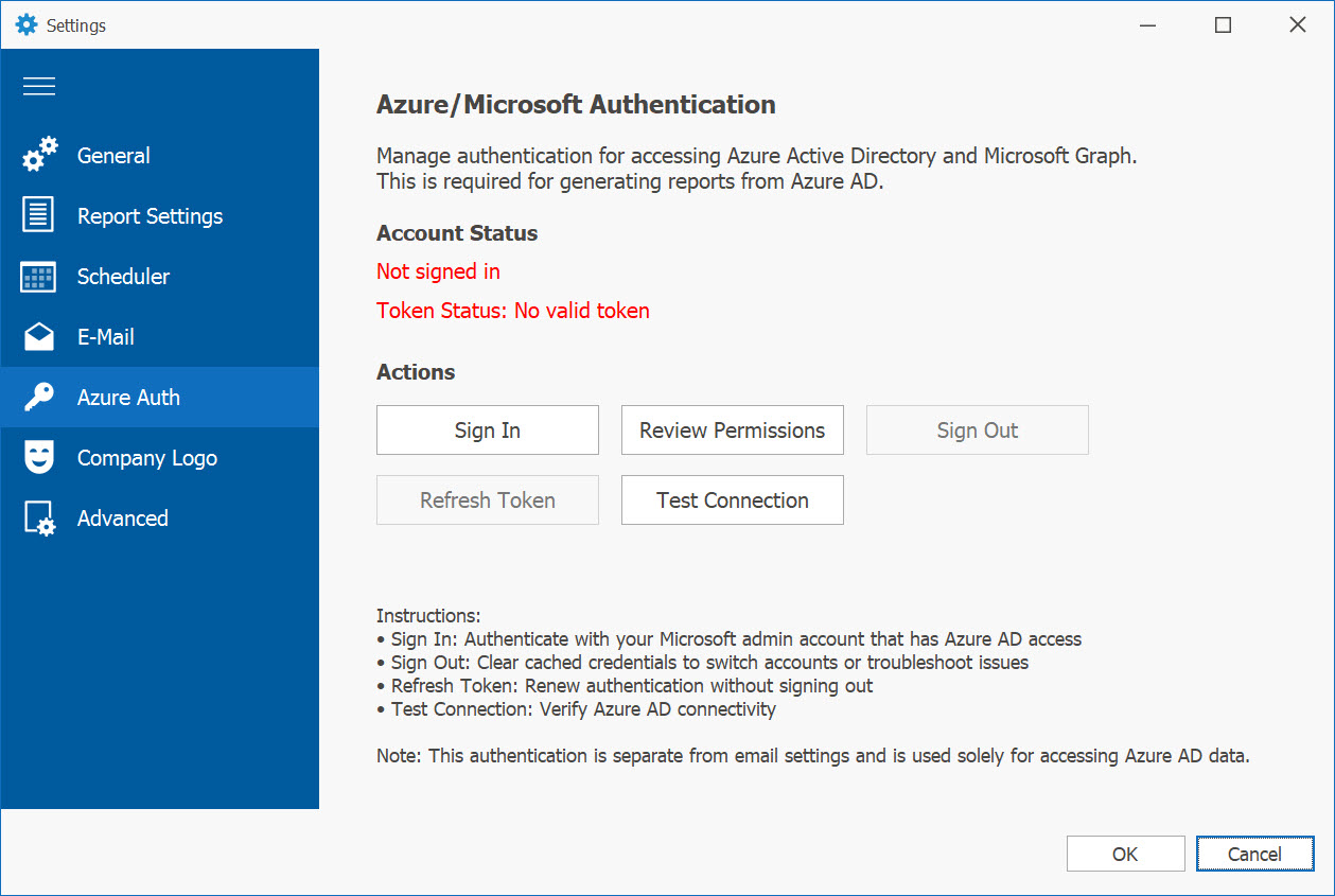 Azure Authentication Settings - Not Signed In