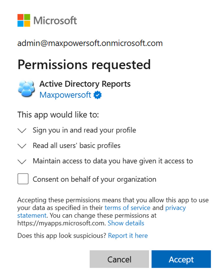 Microsoft Azure consent screen