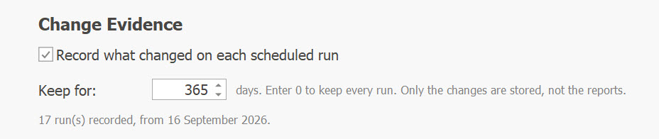AD Reports Settings, Scheduler page, Change Evidence section with the Keep for setting