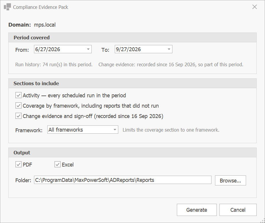 AD Reports Compliance Evidence Pack window with period, sections, framework and output options