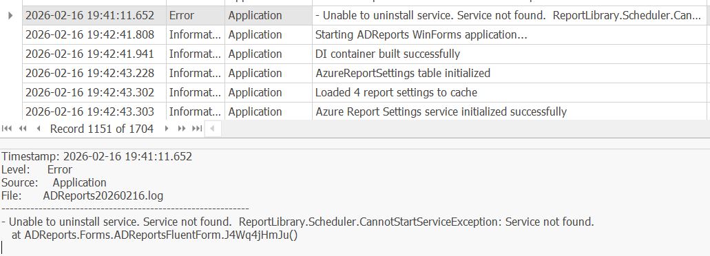 AD Reports Diagnostics Entry Details panel showing a multi-line exception stack trace