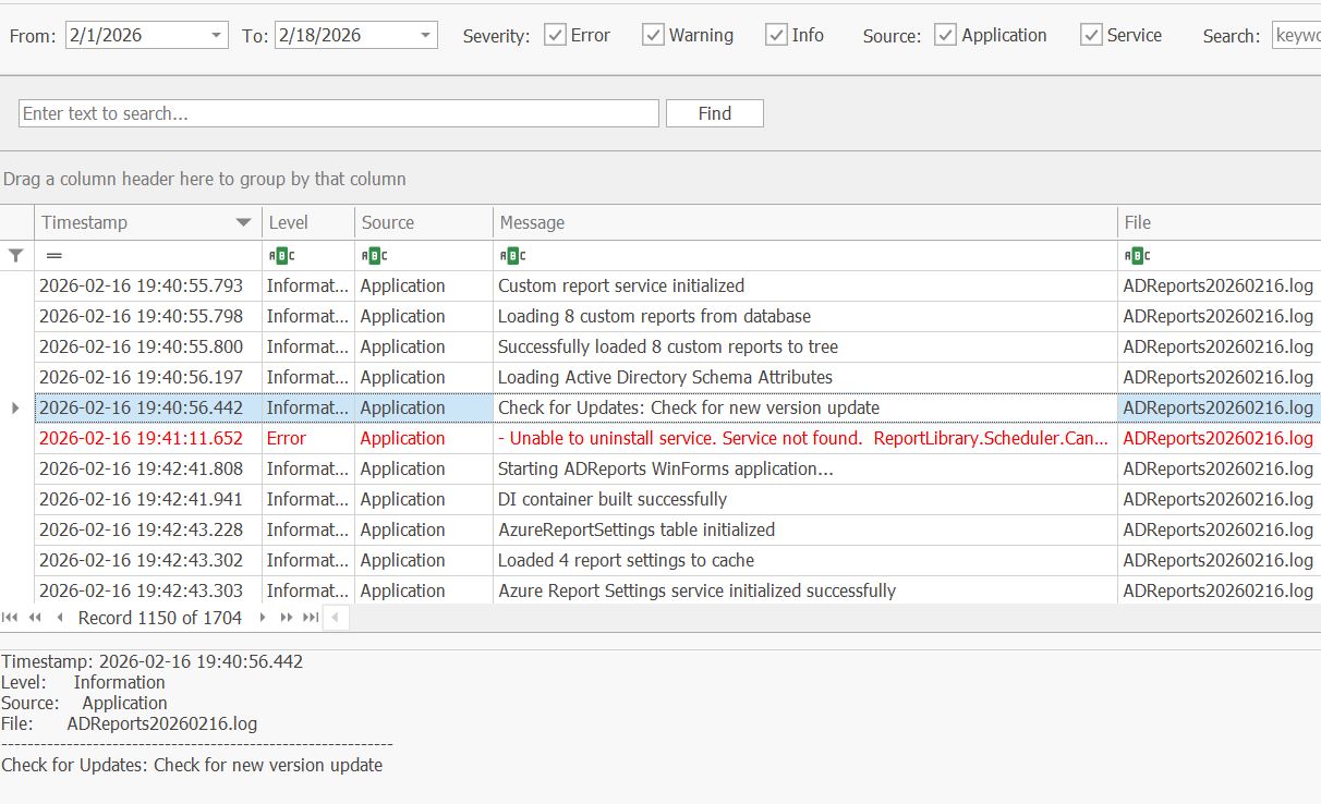 AD Reports Diagnostics log grid with color-coded rows and the auto-filter row highlighted