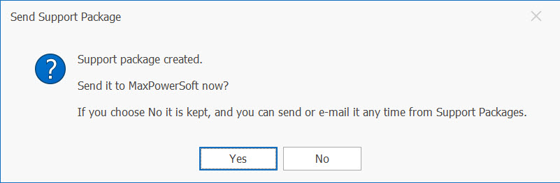 AD Reports prompt asking whether to send the support package to MaxPowerSoft, with the reference number shown after upload