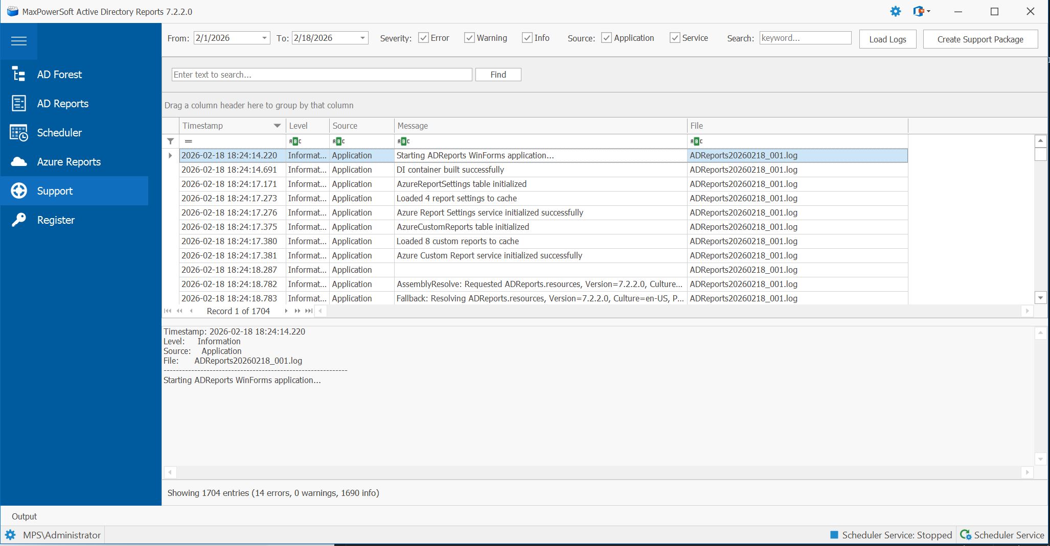 AD Reports Support navigation item highlighted in the left navigation bar