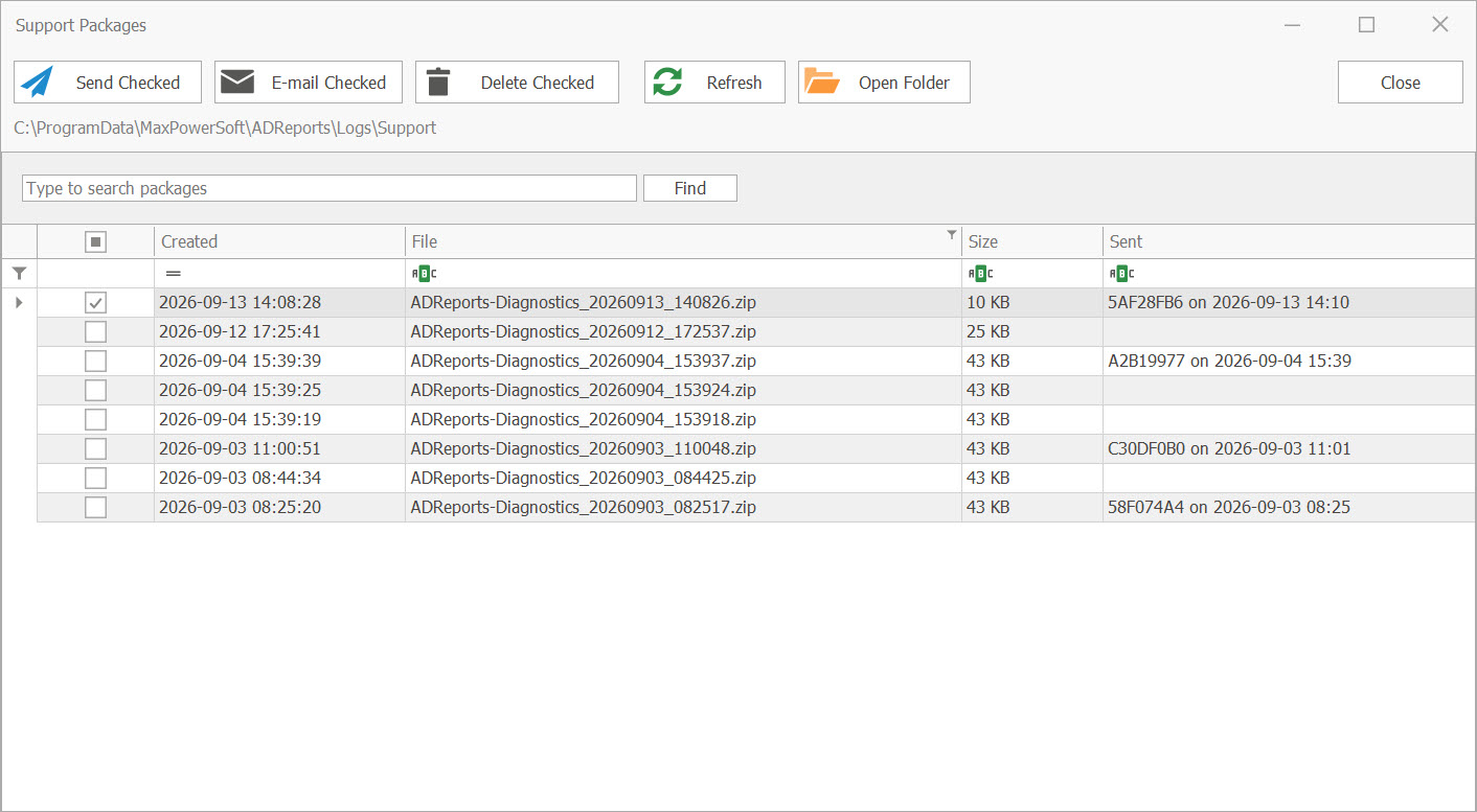 AD Reports Support Packages list with Send Checked, E-mail Checked and Delete Checked buttons
