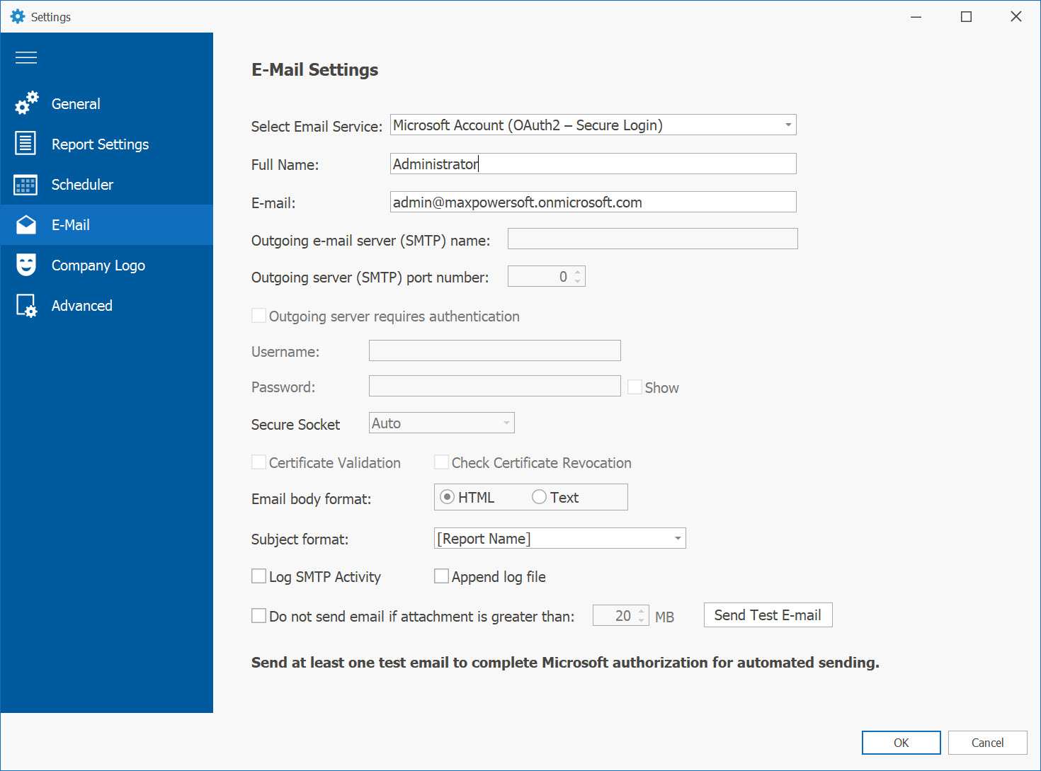 AD Reports Microsoft Email Settings form