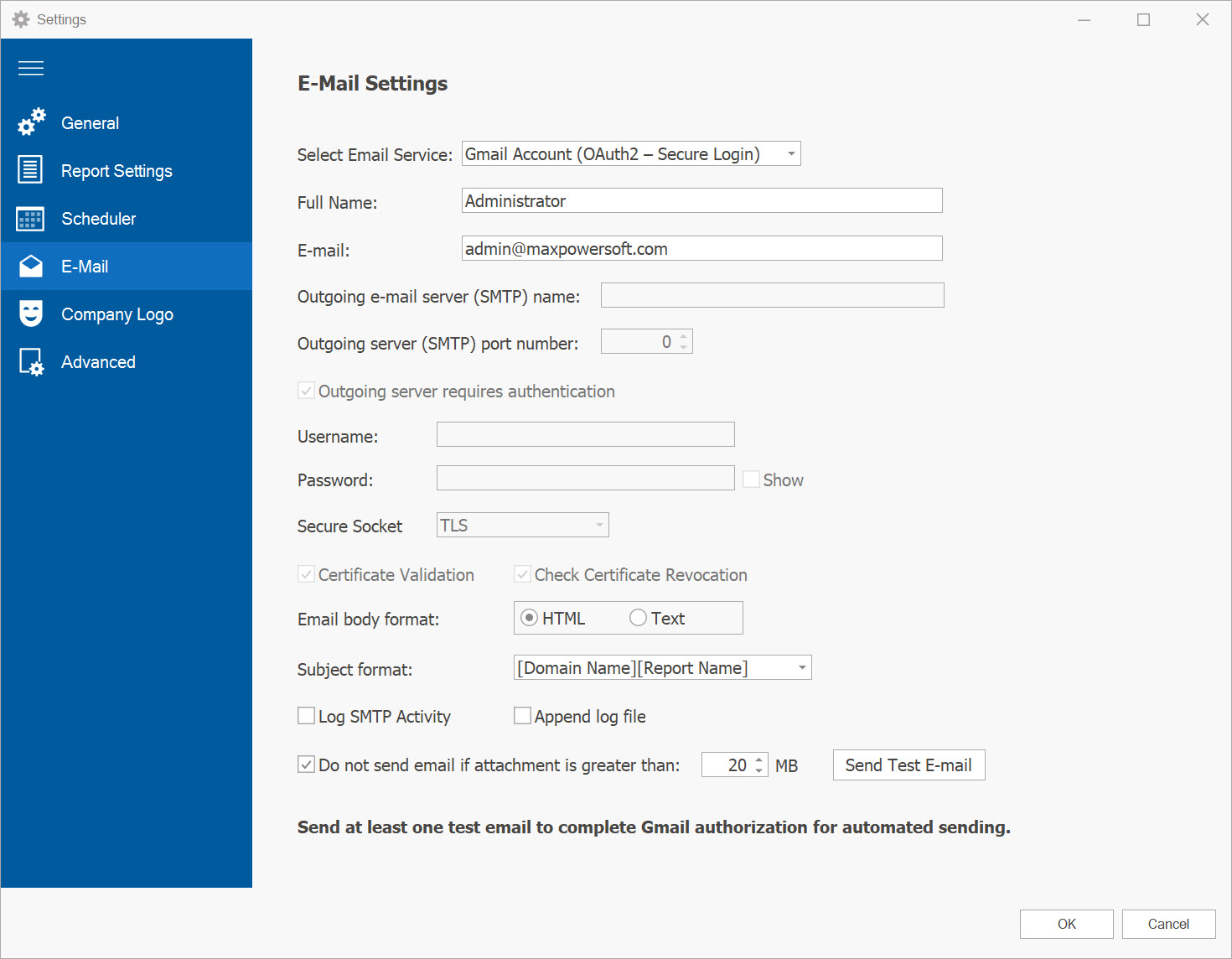 AD Reports Gmail OAuth 2.0 Email Settings form
