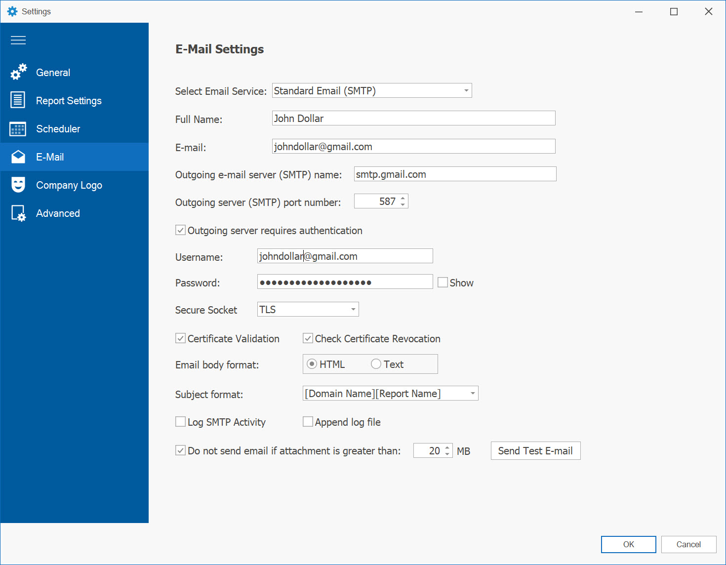 AD Reports SMTP Email Settings form
