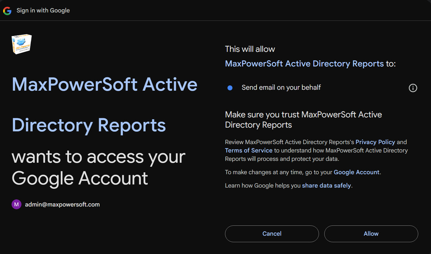 Google OAuth 2.0 consent screen for AD Reports