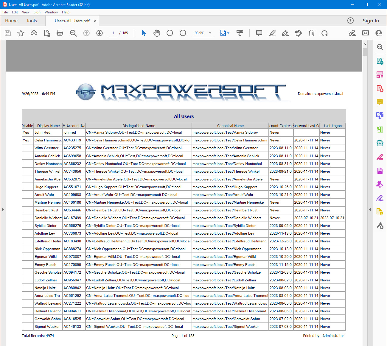 AD Reports select s domain