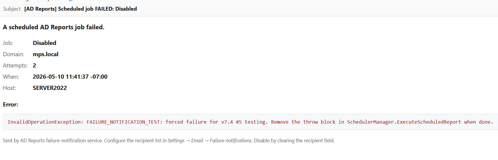AD Reports failure notification email example