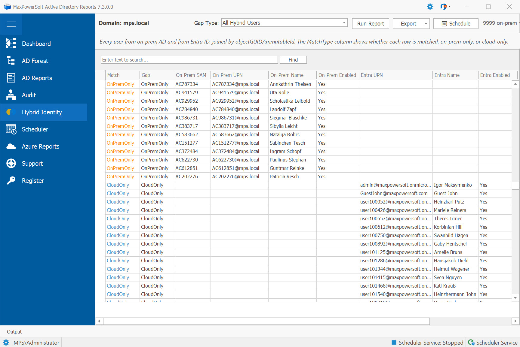 AD Reports Hybrid Identity header summary and color-coded match status