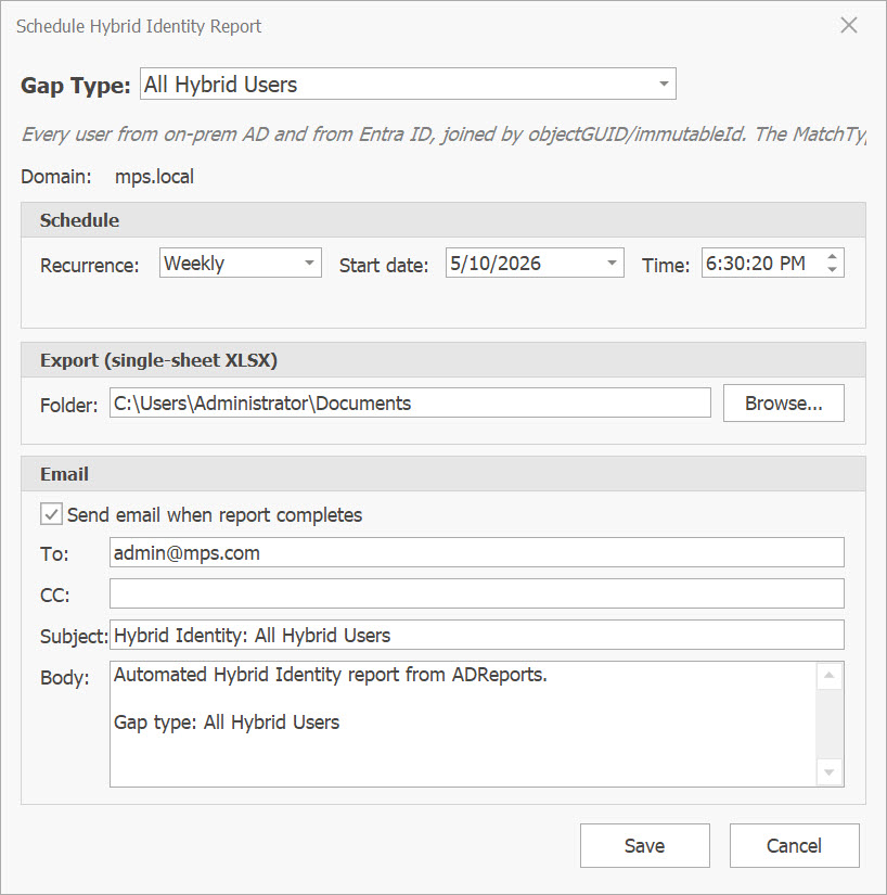 AD Reports Hybrid Identity Schedule dialog