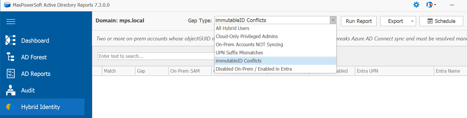 AD Reports Hybrid Identity view dropdown