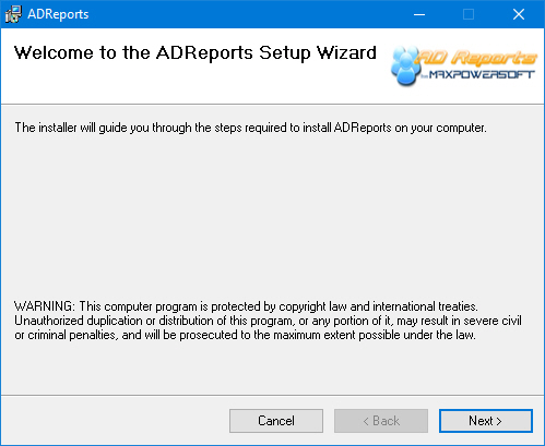 AD Reports Install Setup Wizard start