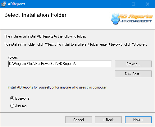 AD Reports Select Installation Folder