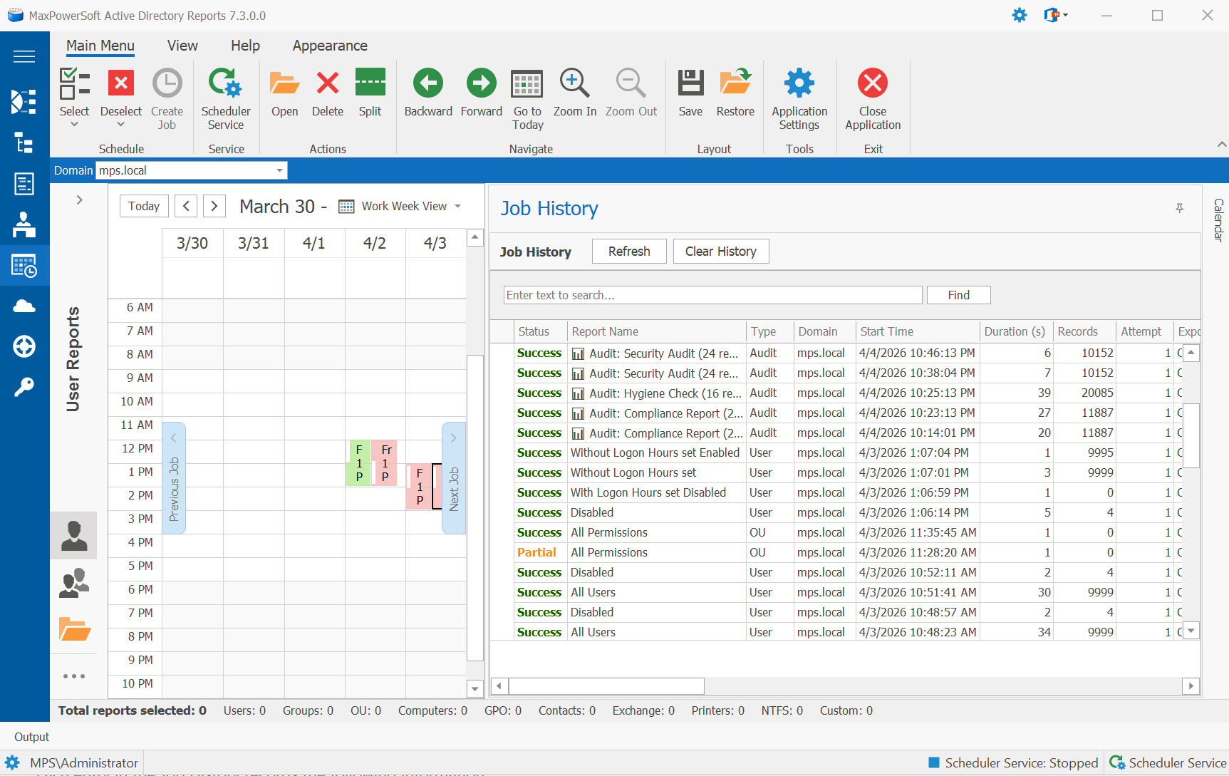 AD Reports Scheduler Job History panel