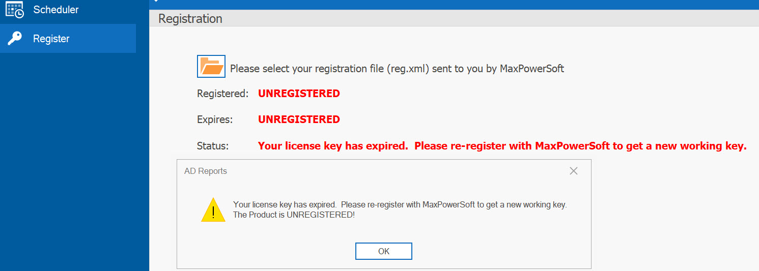 AD Reports Registration Expired DIalog