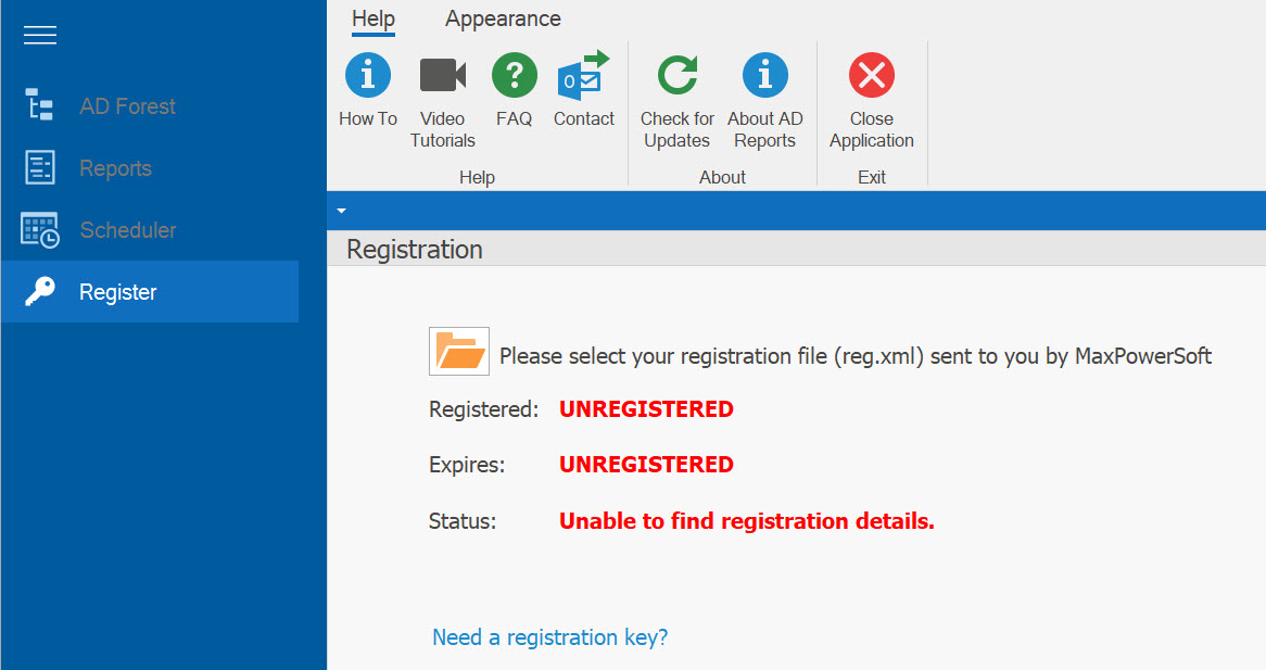 AD Reports Registration dialog