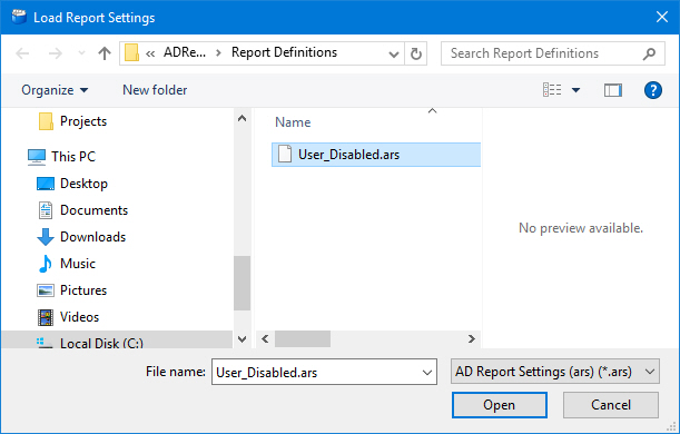 AD Reports Load Report Settings file dialog