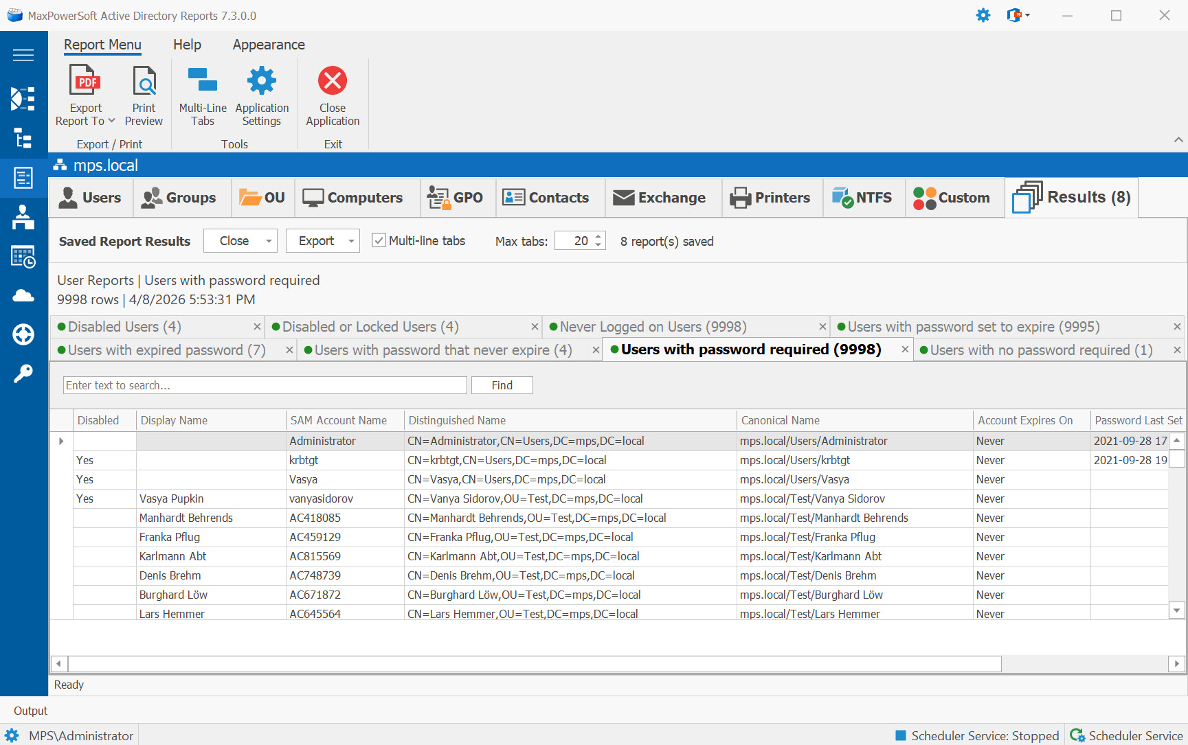 AD Reports Results tab with multiple report snapshots