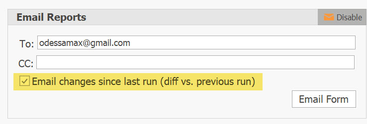 AD Reports schedule job form with Email changes since last run checkbox