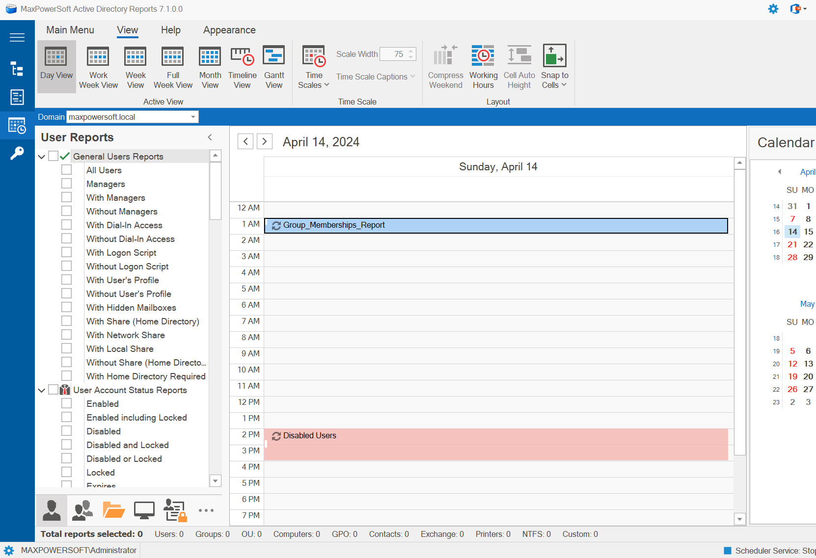 AD Reports Scheduler Day View