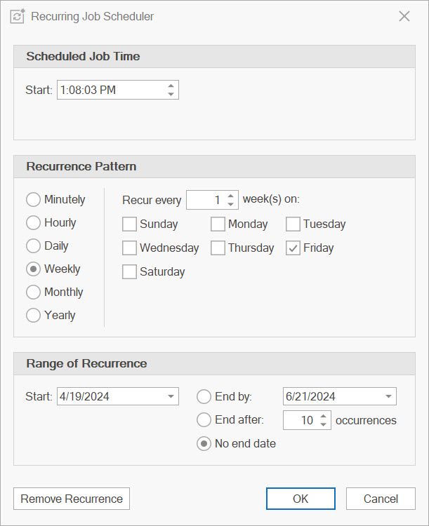 AD Reports Scheduler Recurrence dialog