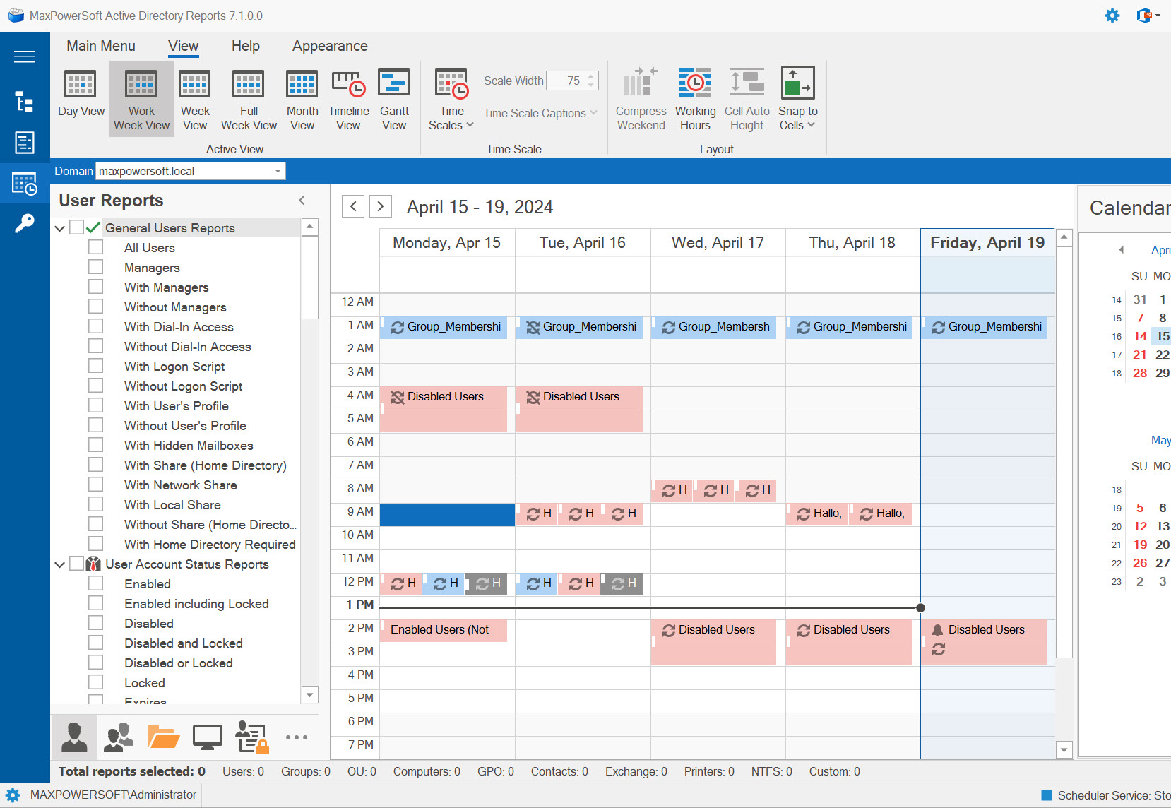 AD Reports Scheduler Work Week View