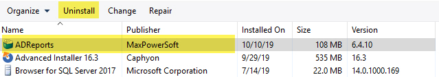 AD Reports Uninstall from programs