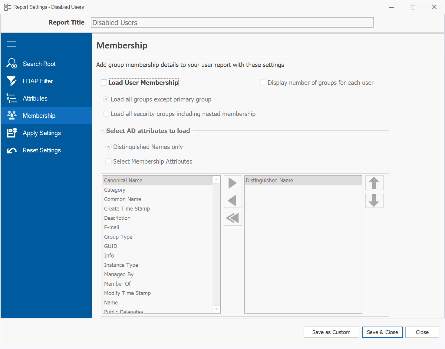 AD Reports membership settings