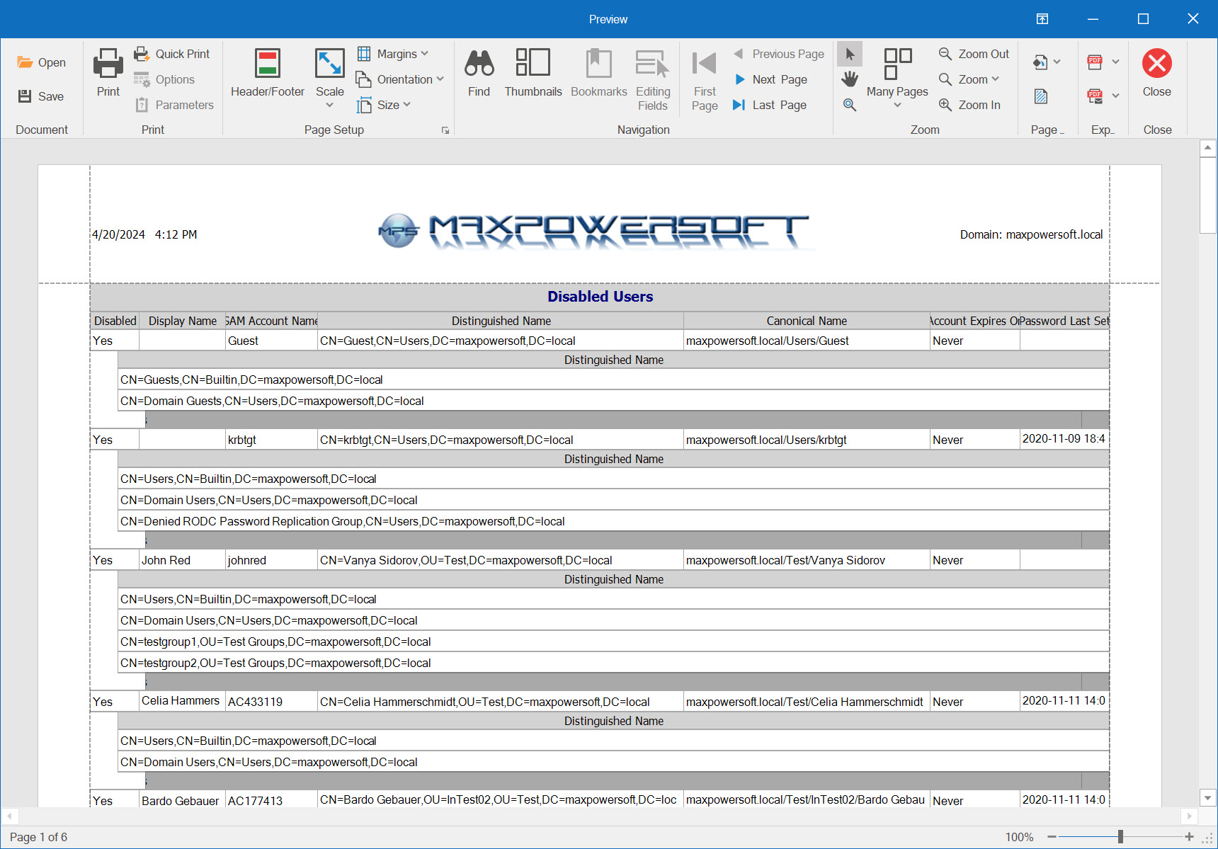 AD Reports Print Preview report with membership