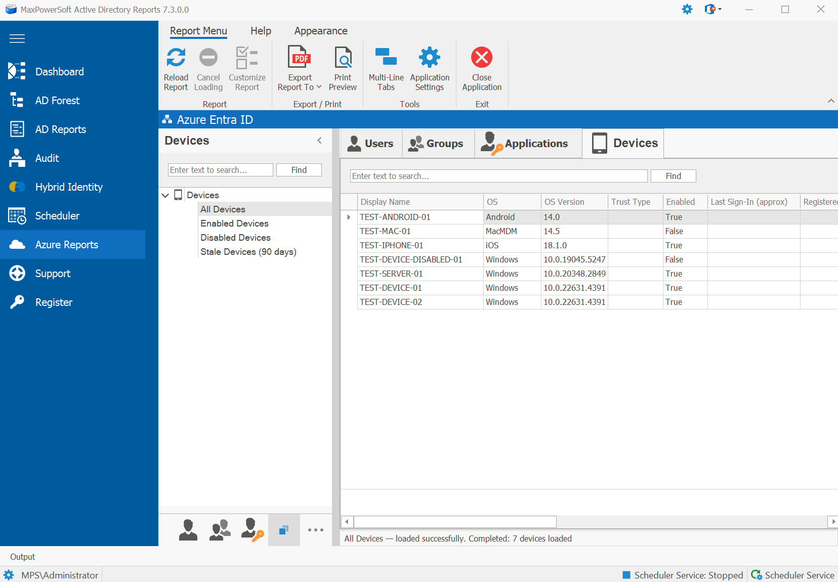 AD Reports Azure Devices Tab
