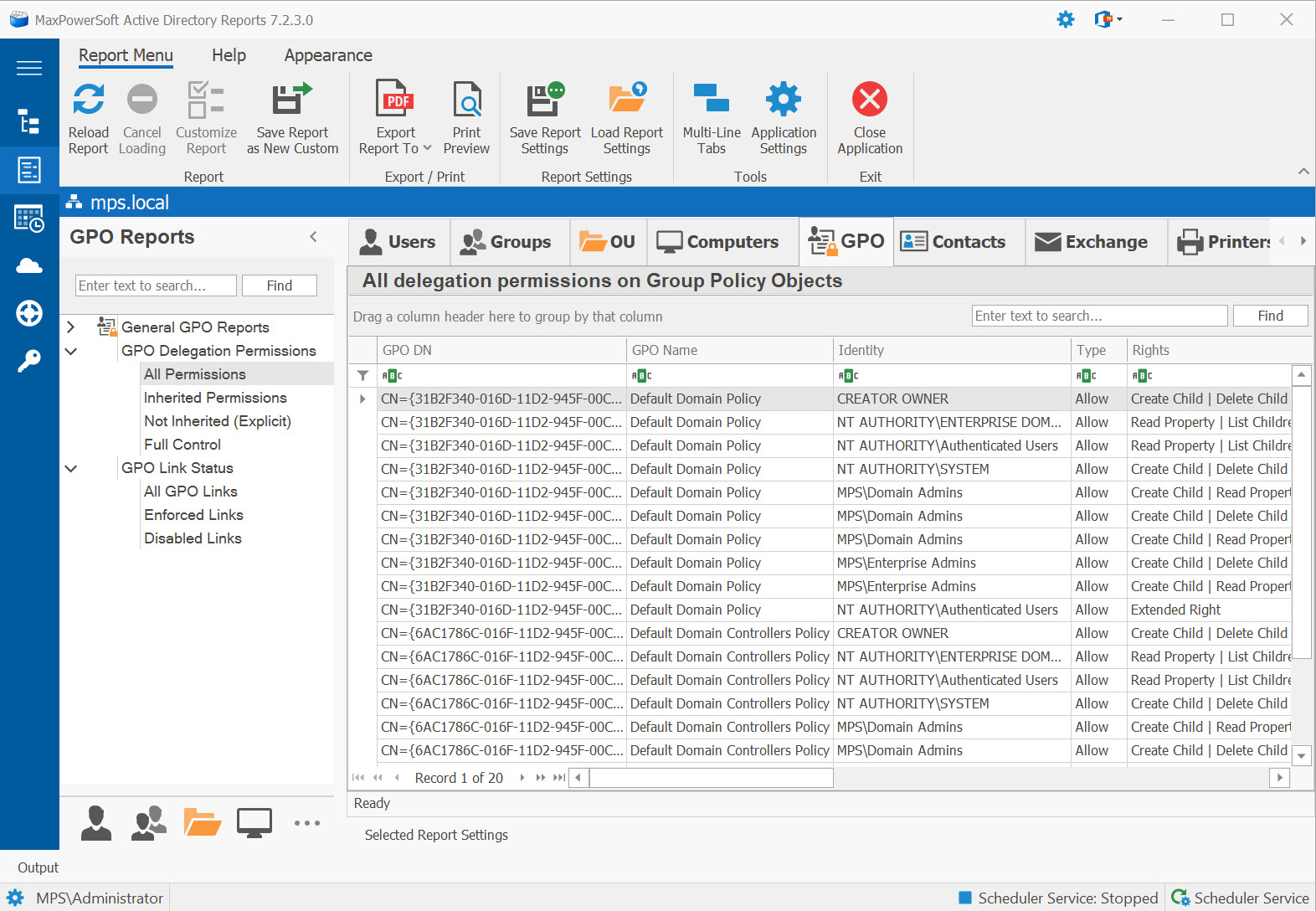 AD Reports GPO Delegation Permissions Reports
