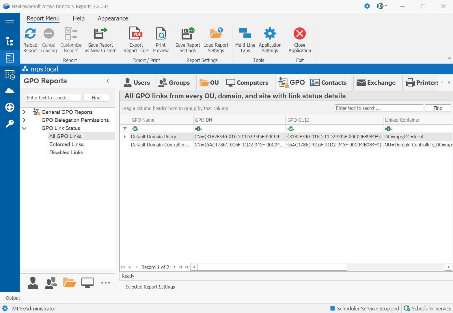AD Reports GPO Link Status Reports